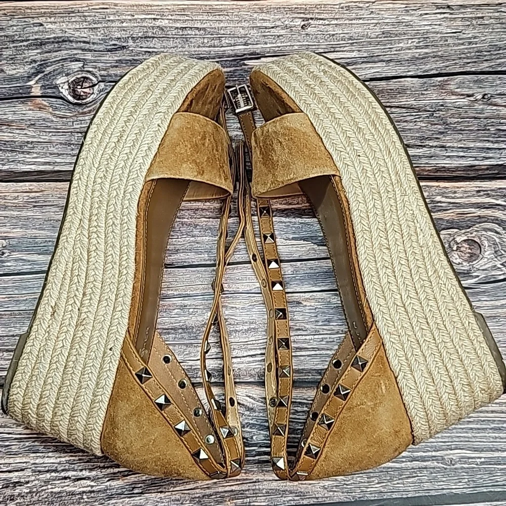 MARC FISHER JAZLYN BROWN SUEDE STUDED WEDGE ESPADRILLES